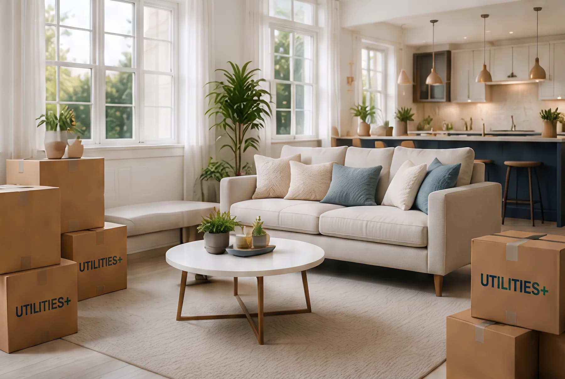 Utilities Plus moving boxes in a bright, freshly moved-into living room