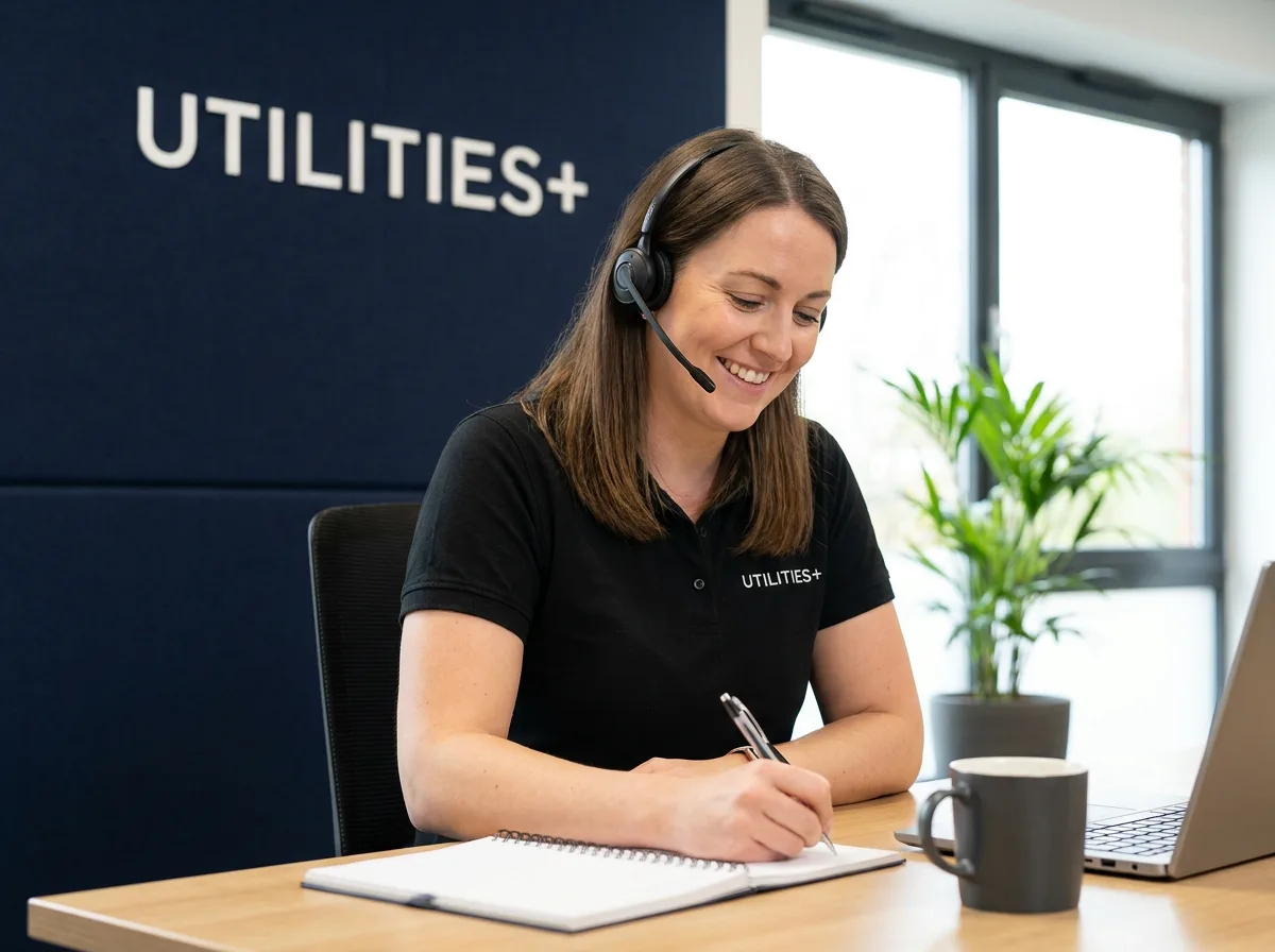 A Utilities Plus concierge on the phone coordinating a customer’s services