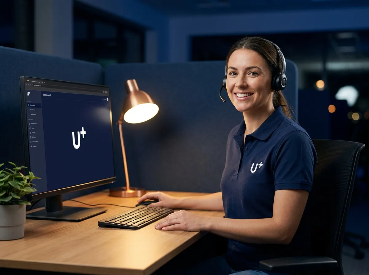 A Utilities Plus concierge wearing a headset at her desk