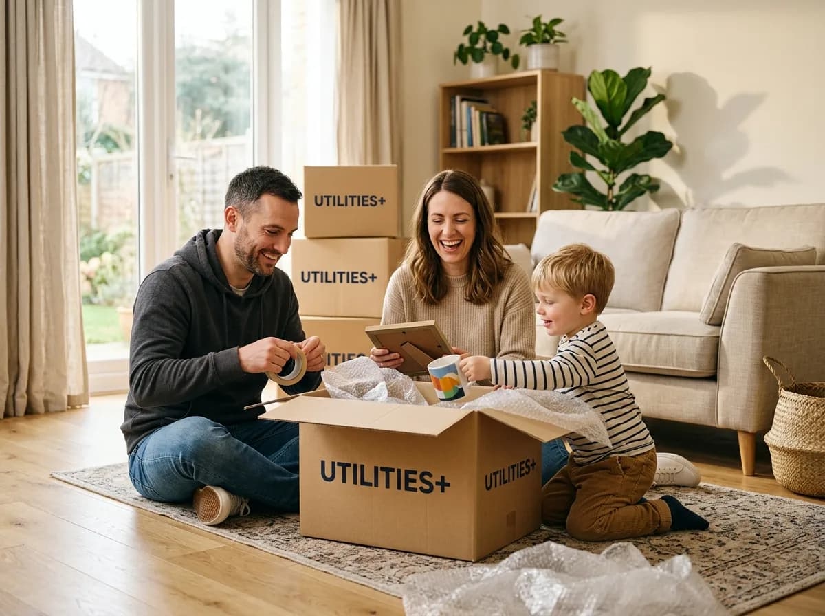 A family unpacking a Utilities Plus box together in their new home