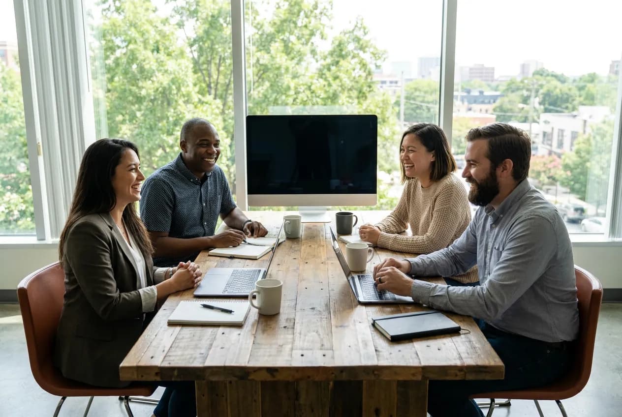A partner team collaborating around a table
